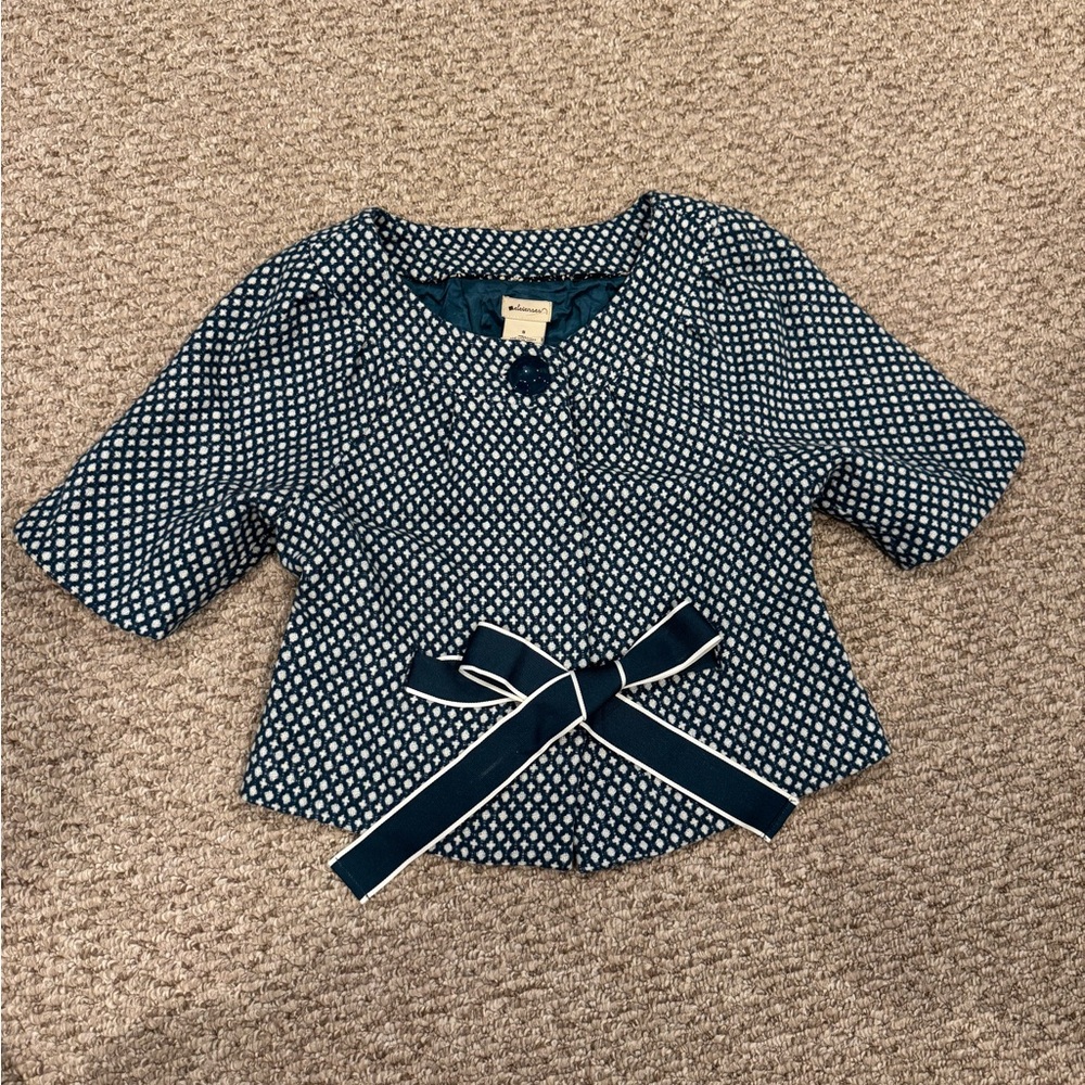 ELEVENSES Teal/White Tweed Bow-Front Cropped Blazer